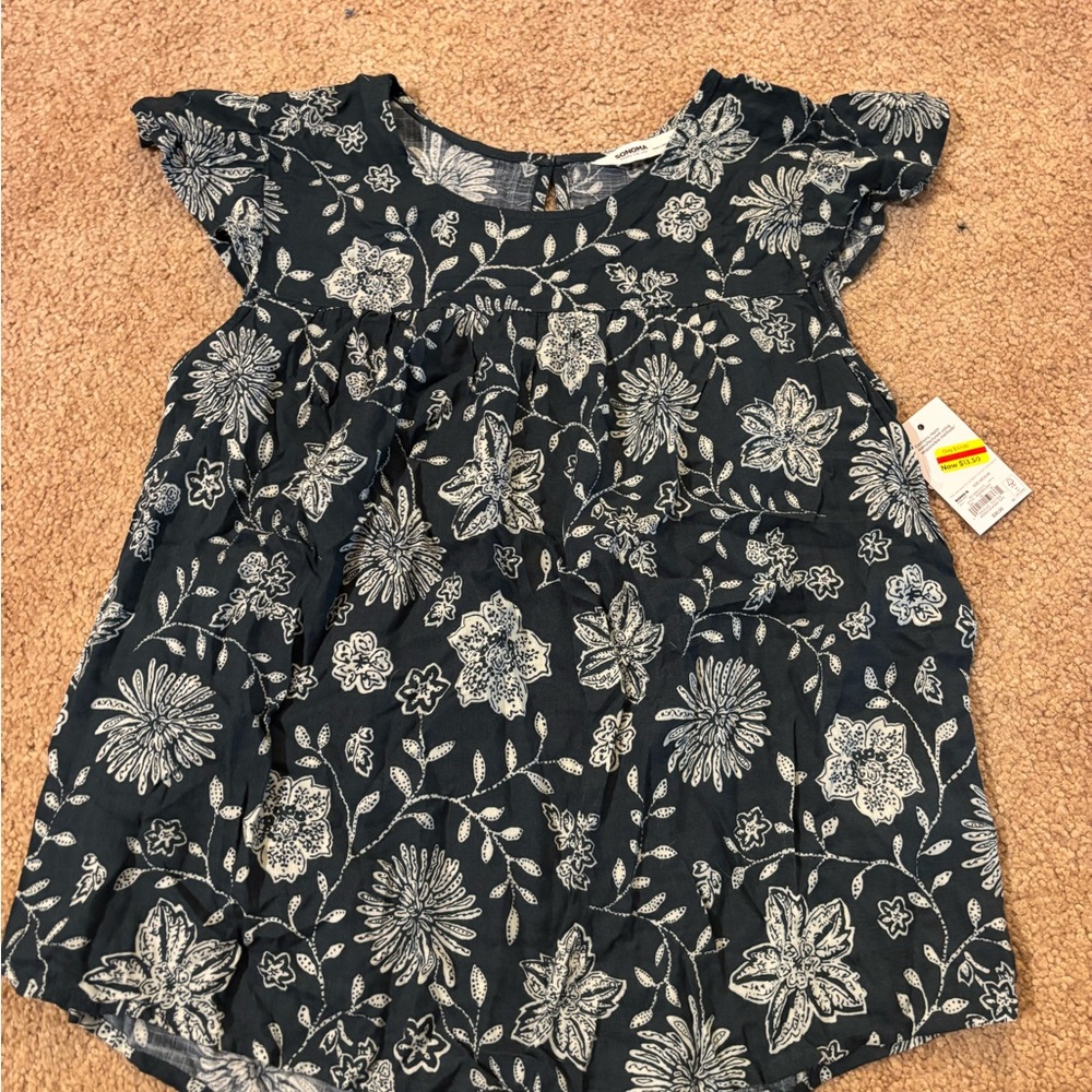 Navy Floral Cap-Sleeve Top